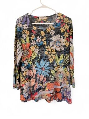 Jess & Jane Top Womens L Black Floral 3/4 Sleeve Mesh Sleeve Wearable Art Boho